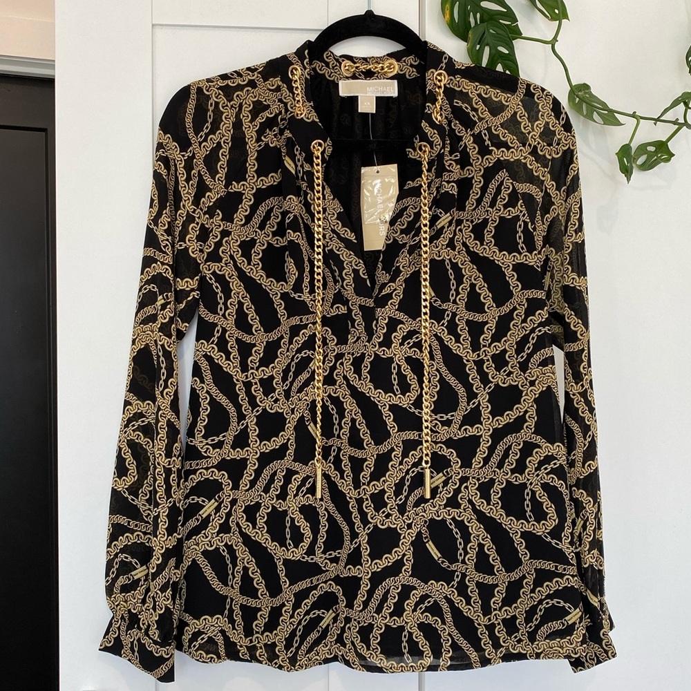 Michael Kors Black and Gold Chain-Print Blouse